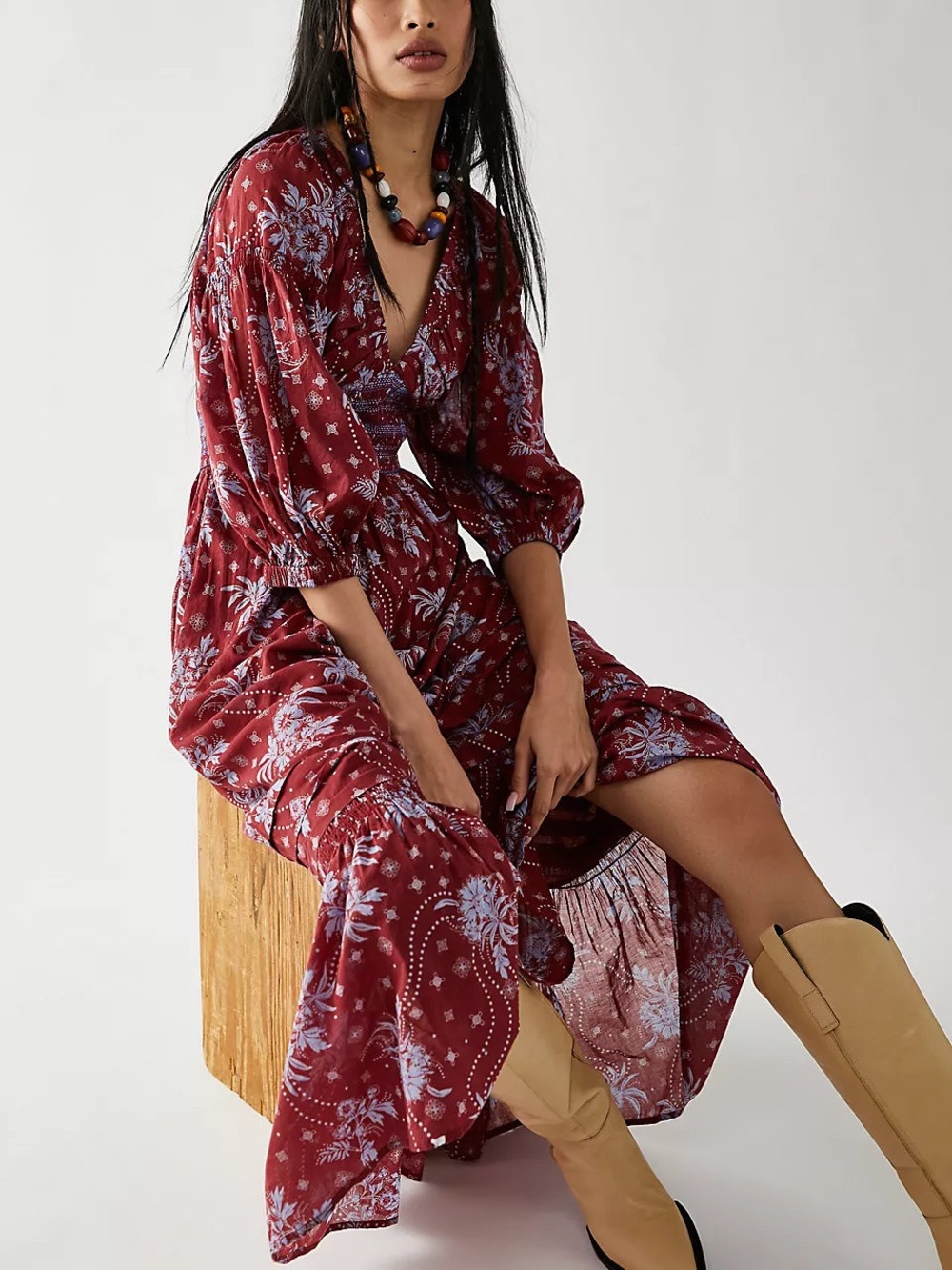 Free People Golden Hour Maxi Dress In Wine Combo Size XS - Picture 3 of 7